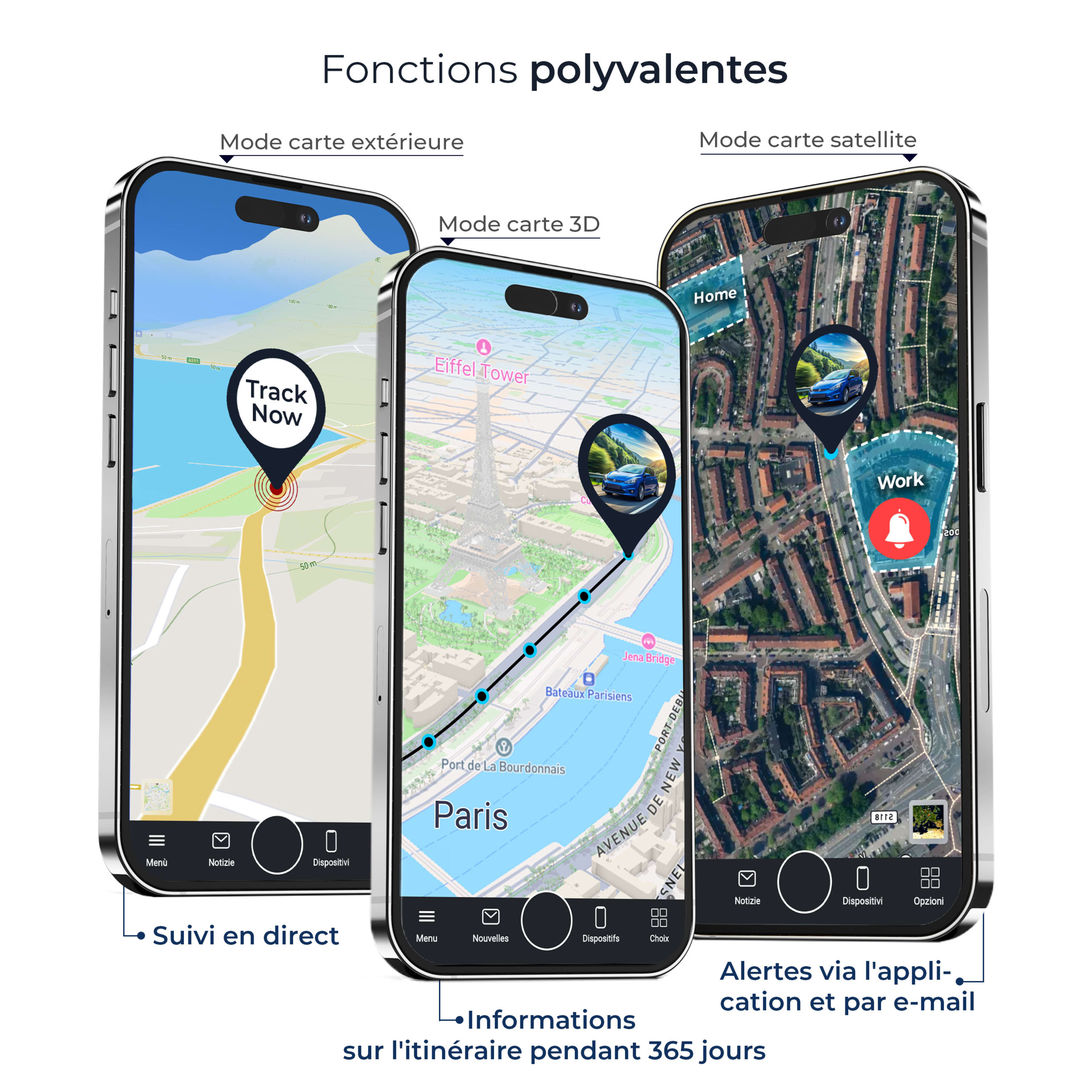 Salind 01 4G dans l'app FINDER Portal — suivi en direct, historique, alarmes