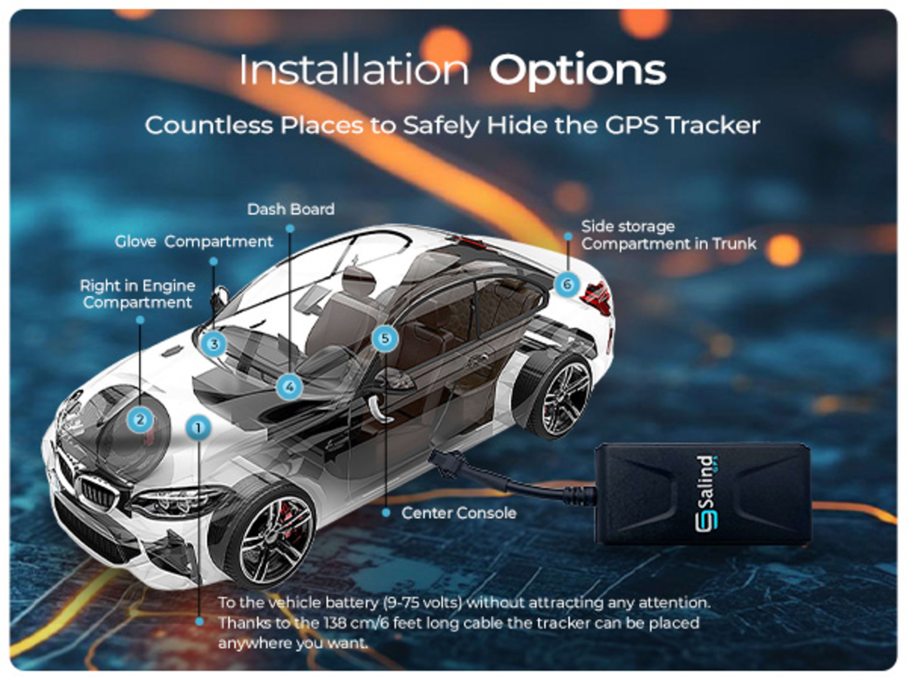 Installation locations under the dash, near the fuse box, or behind a kick panel — three wires to the vehicle battery.