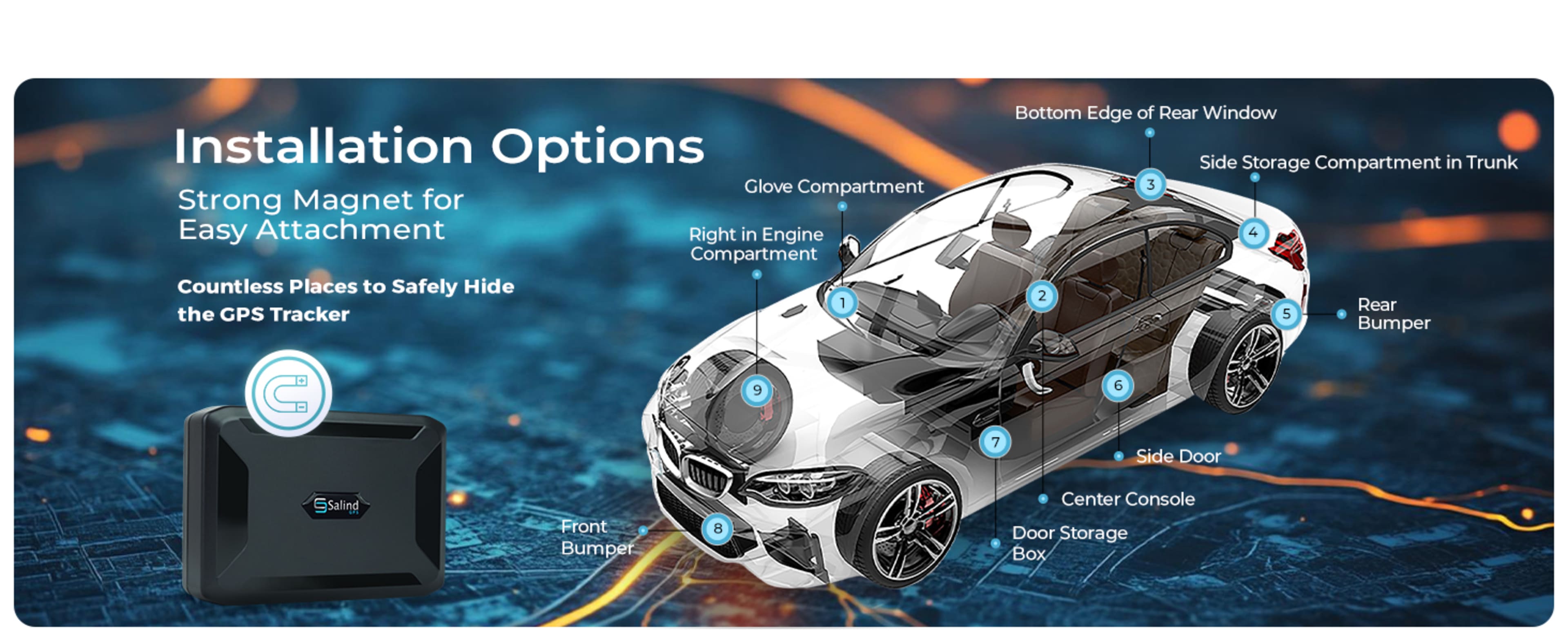 Installation options — strong magnet for easy attachment, countless places to safely hide the GPS tracker on a vehicle