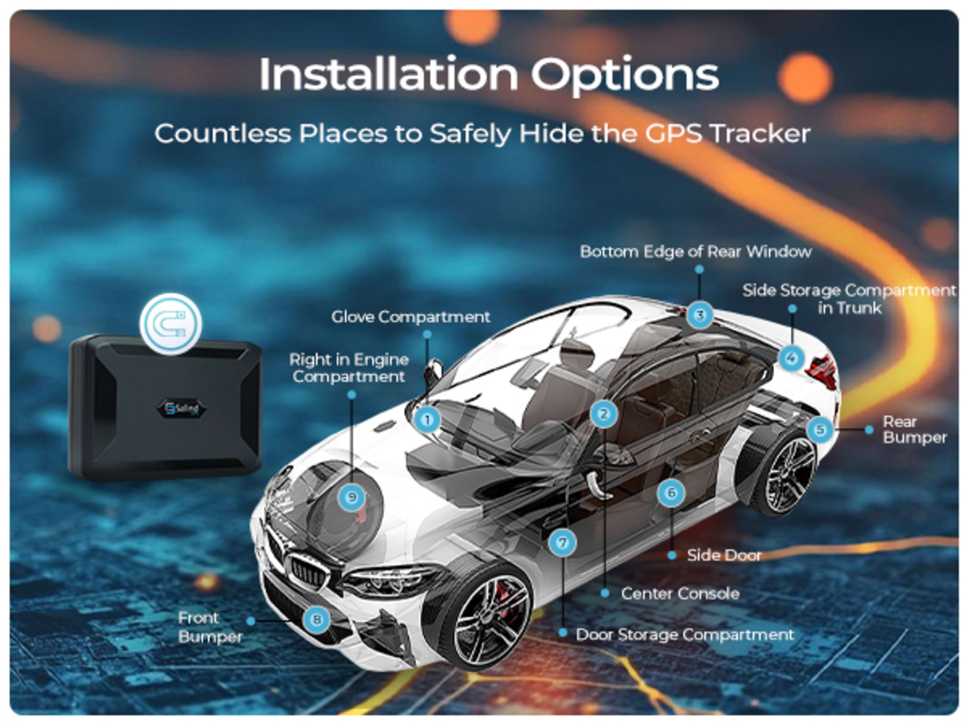 Installation options — strong magnet for easy attachment, countless places to safely hide the GPS tracker on a vehicle