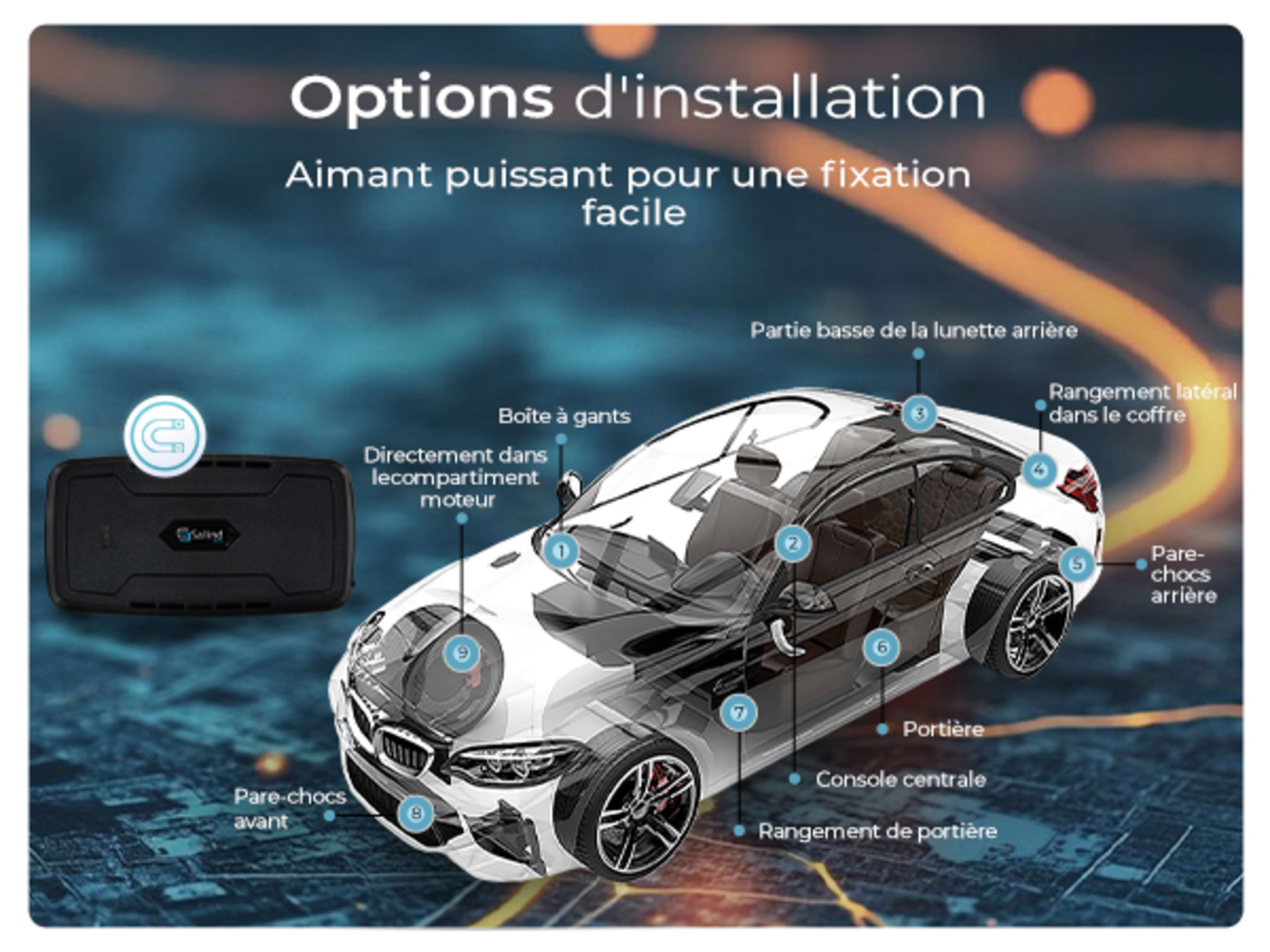 Options d'installation — aimant puissant pour fixation facile, d'innombrables endroits pour cacher le tracker GPS en toute sécurité dans un véhicule