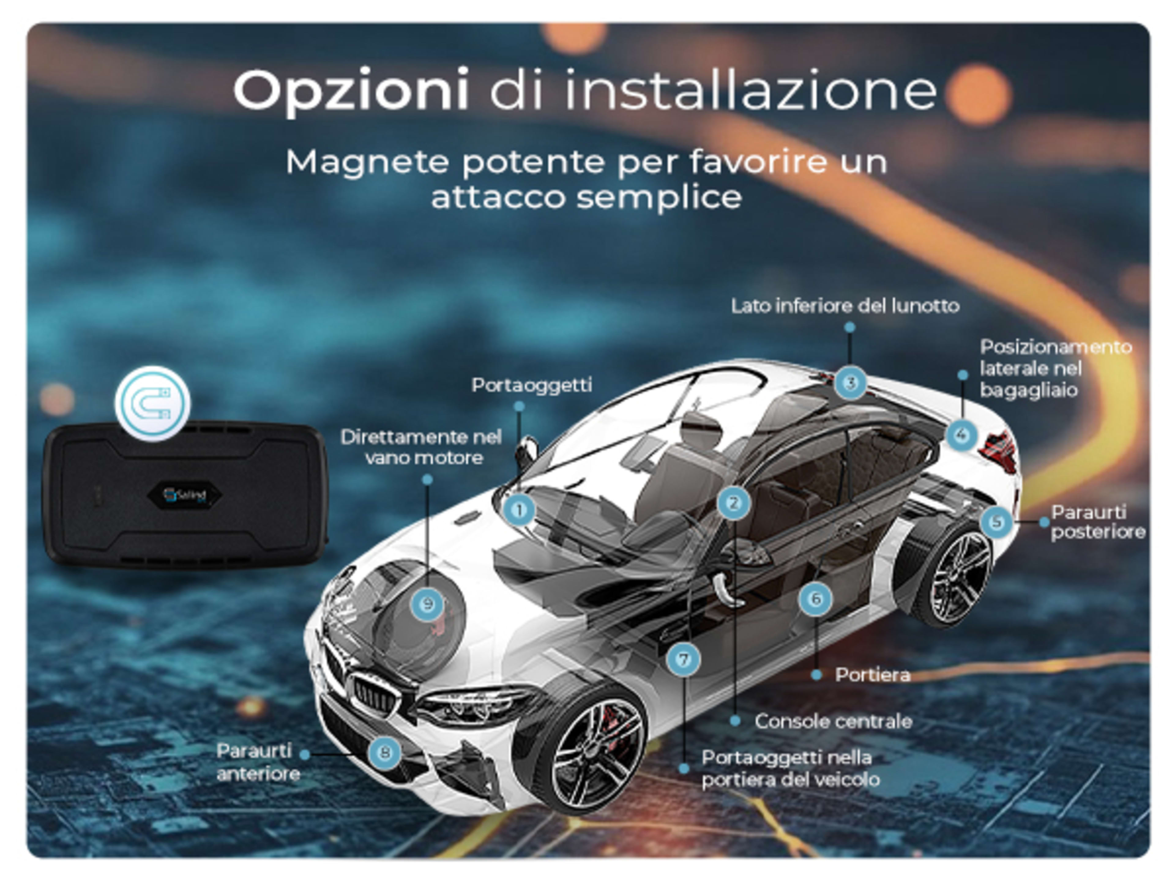 Opzioni di installazione — magnete forte per fissaggio facile, innumerevoli posti per nascondere il tracker GPS in modo sicuro su un veicolo