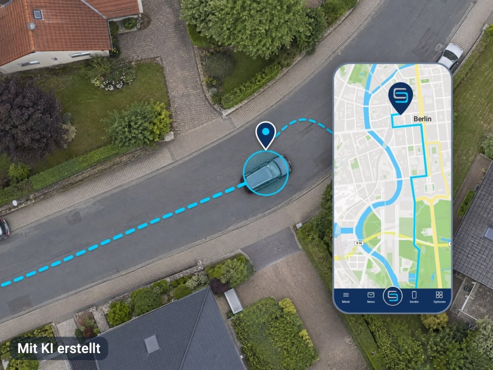 Luftaufnahme: Auto auf einer Wohnstraße mit eingezeichneter Route, daneben ein Smartphone mit der Live-Karte im FINDER Portal