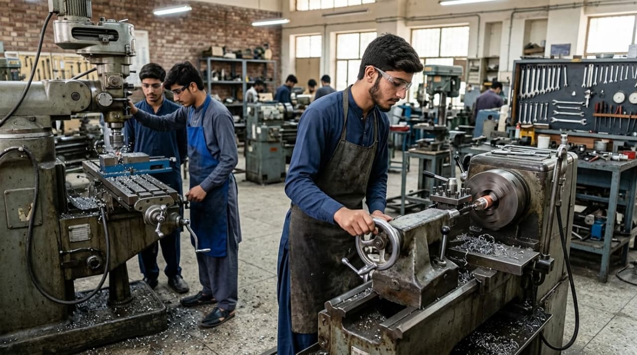 DAE diploma students practicing on lathe and milling machines in a technical workshop in Pakistan