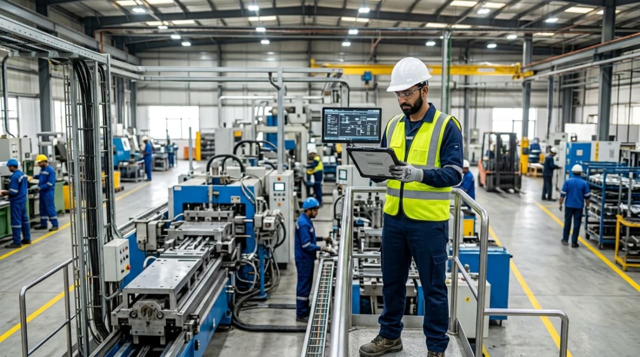 DAE technician supervising machinery on the floor of a Pakistani manufacturing plant