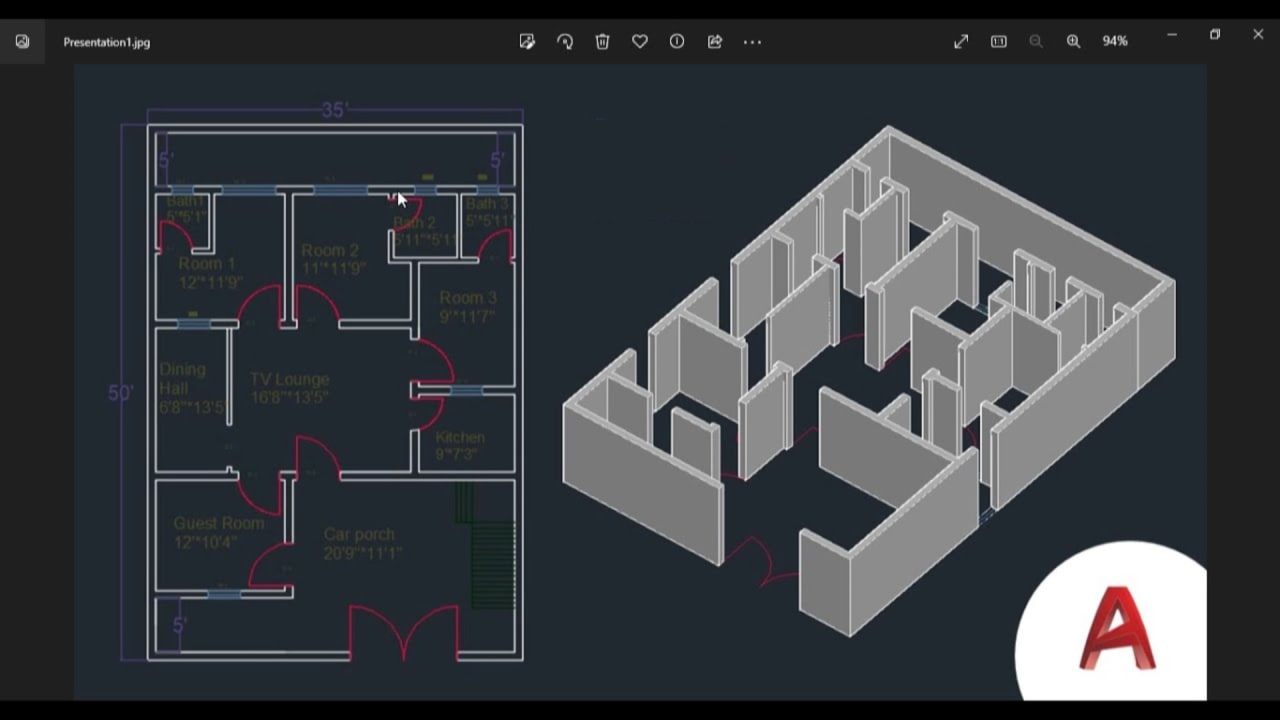 AutoCAD 2D floor plan and 3D building model examples for architecture students in Pakistan