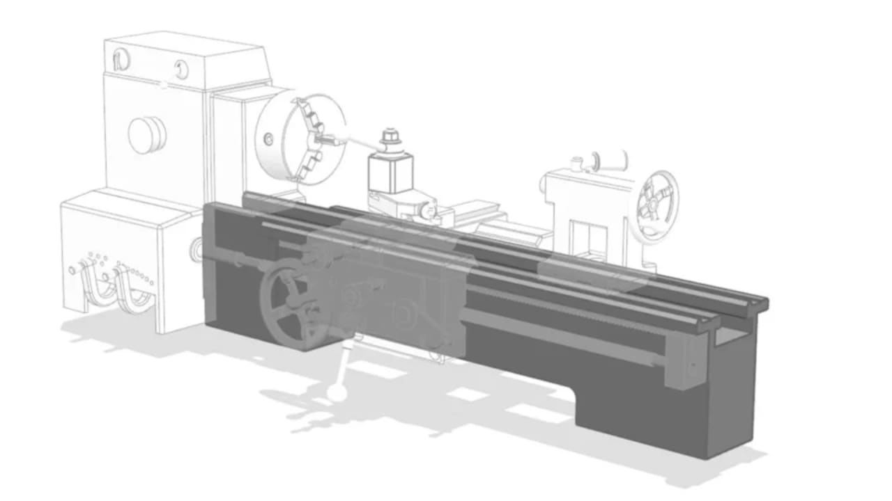 Lathe machine bed — cast iron base showing V-ways and flat guide ways for carriage and tailstock