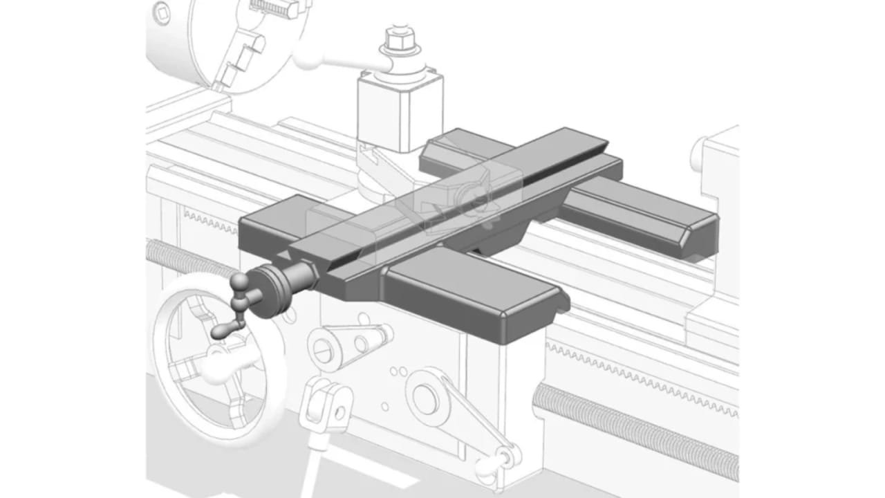 Lathe machine carriage — saddle, cross slide, compound rest, tool post, and apron assembly