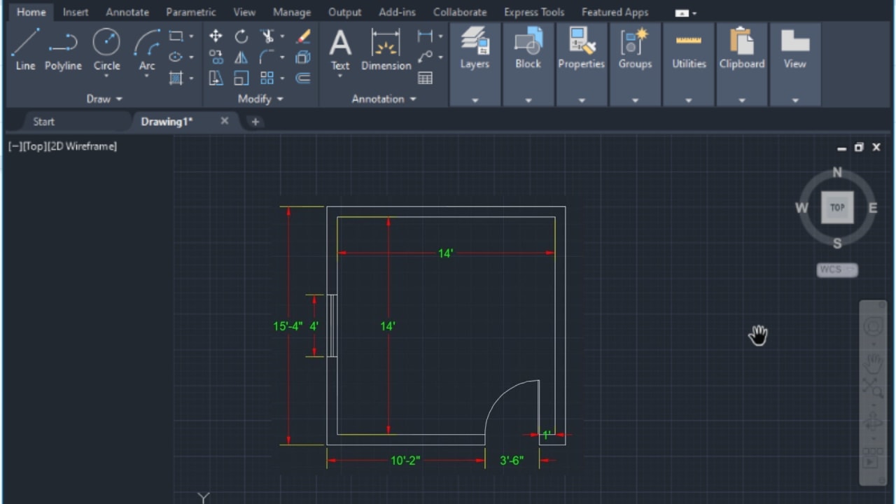 Example of first AutoCAD floor plan drawing for beginners — single room with dimensions