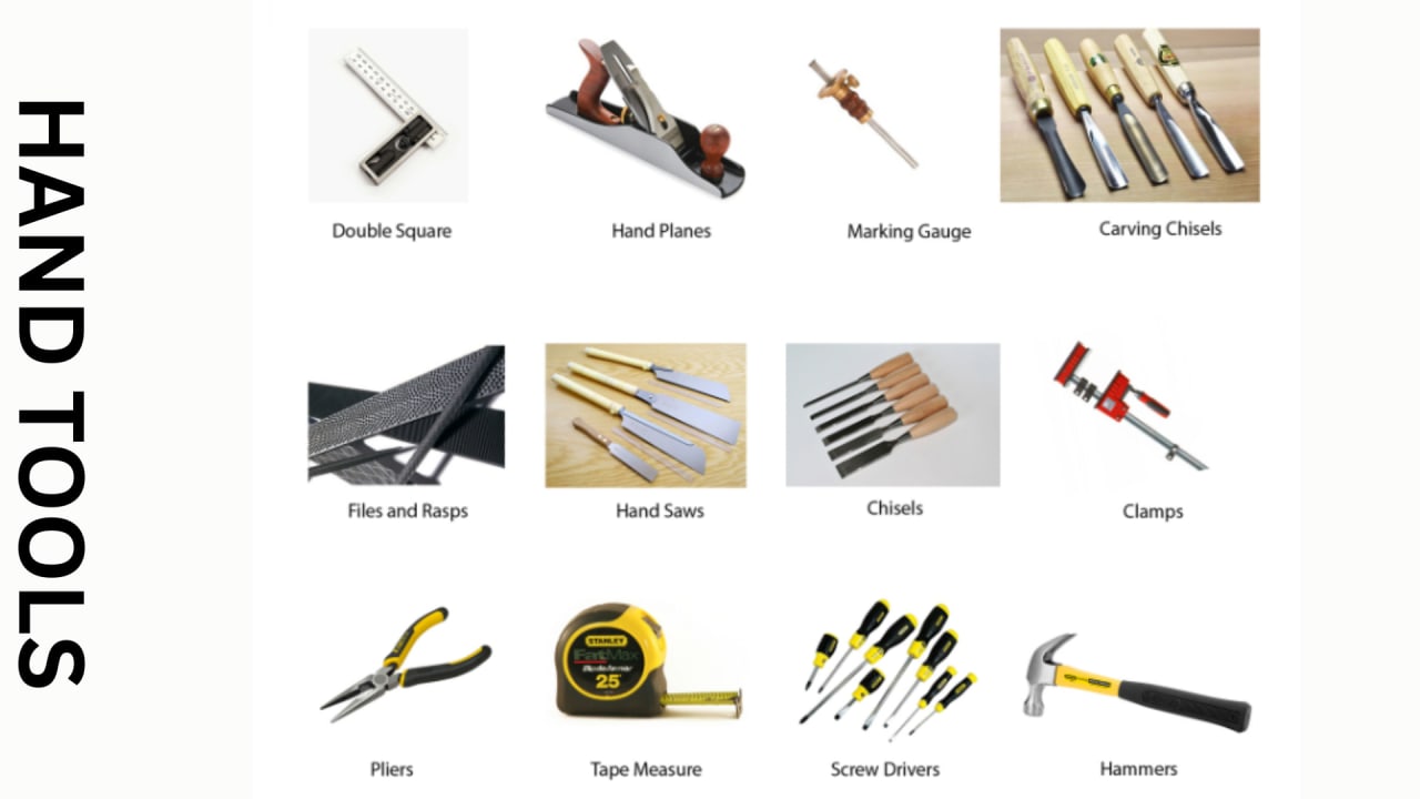 Mechanical workshop hand tools — hammer, screwdriver, spanner, pliers, and file for DAE Mechanical students