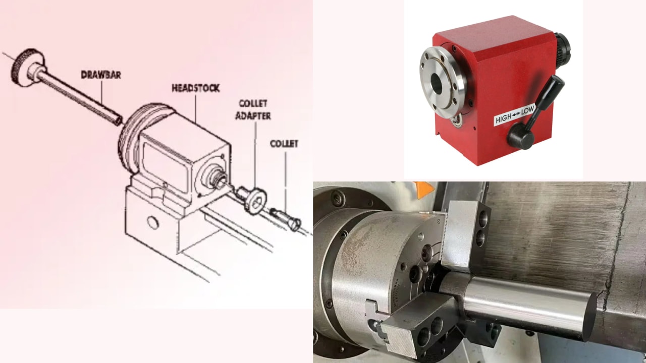 Lathe machine headstock — main spindle, gearbox, and chuck assembly