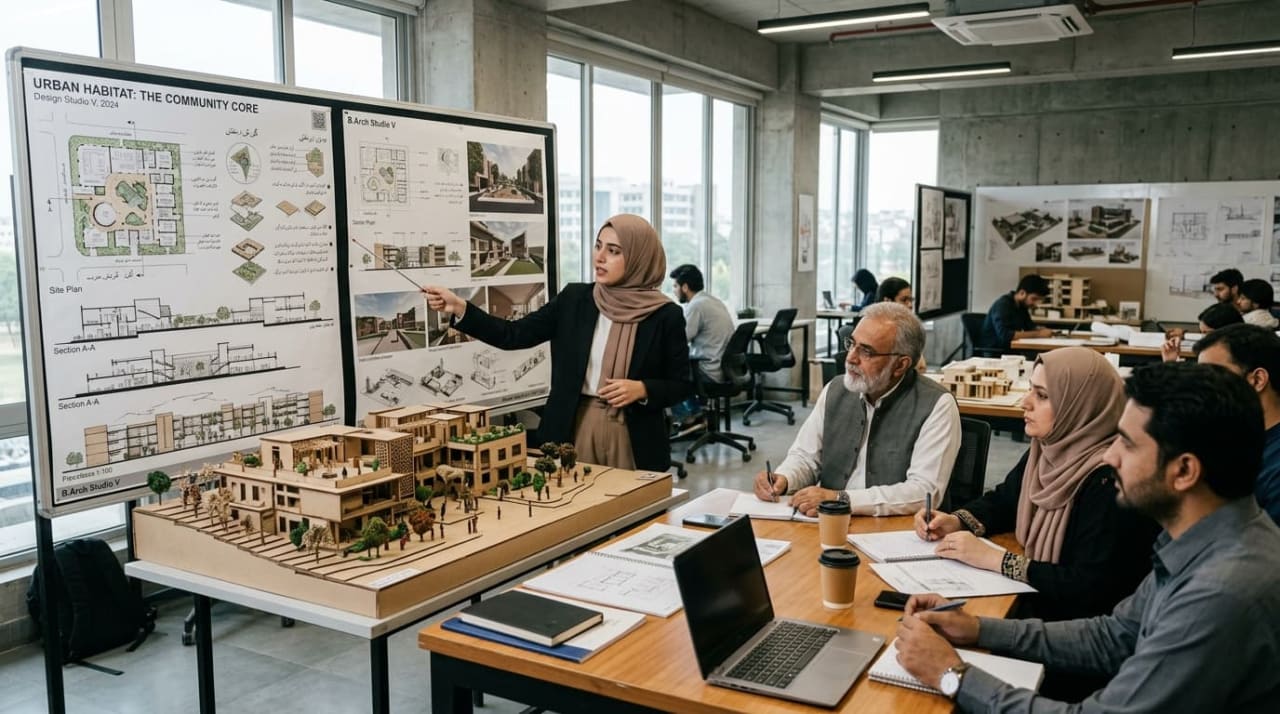 B.Arch design studio review at a PCATP-accredited architecture programme in Pakistan