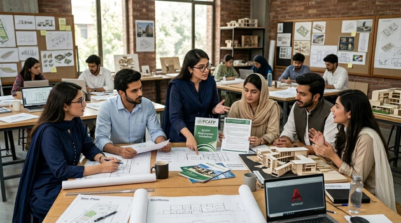 Architecture students in Pakistan discussing PCATP registration and B.Arch accreditation