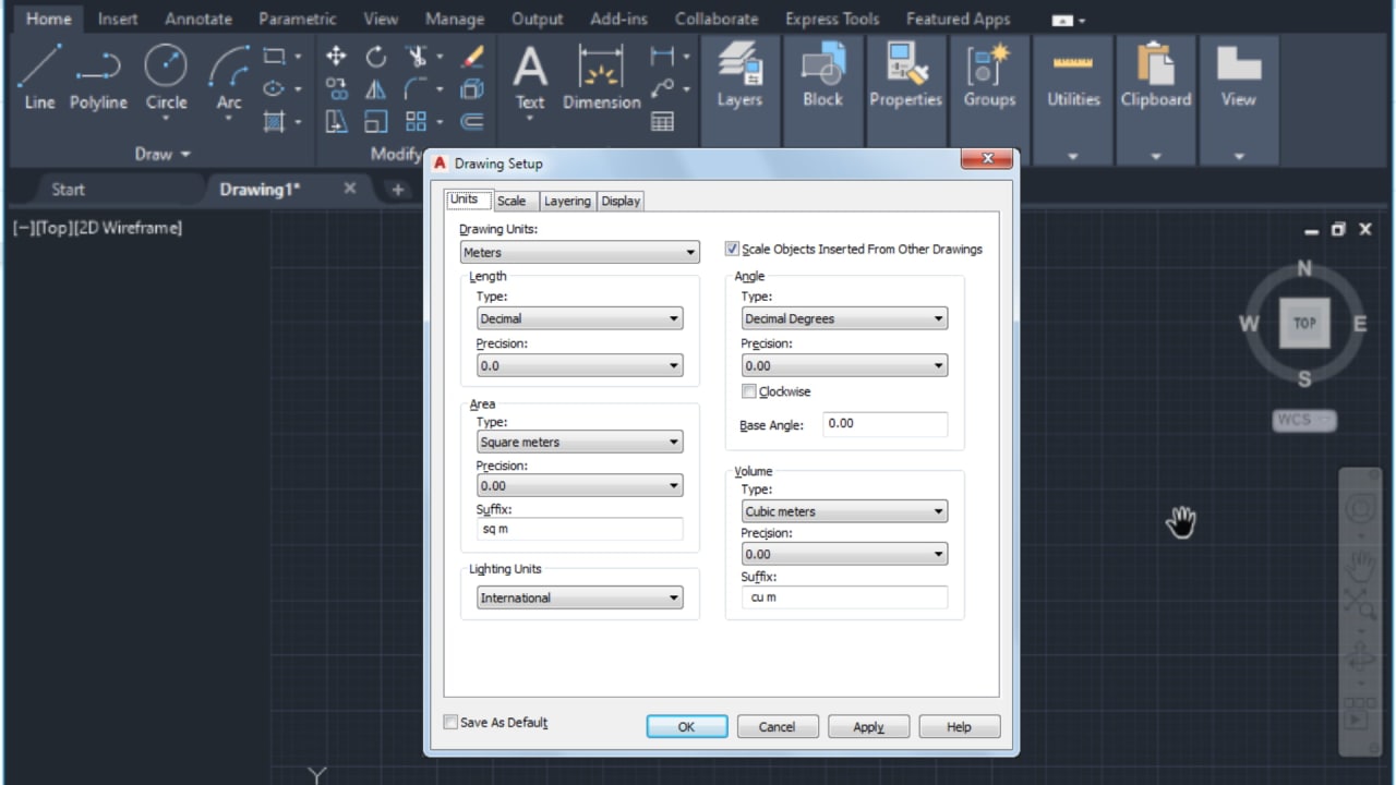 AutoCAD post-installation setup — setting drawing units, ortho mode, and drawing limits for architecture