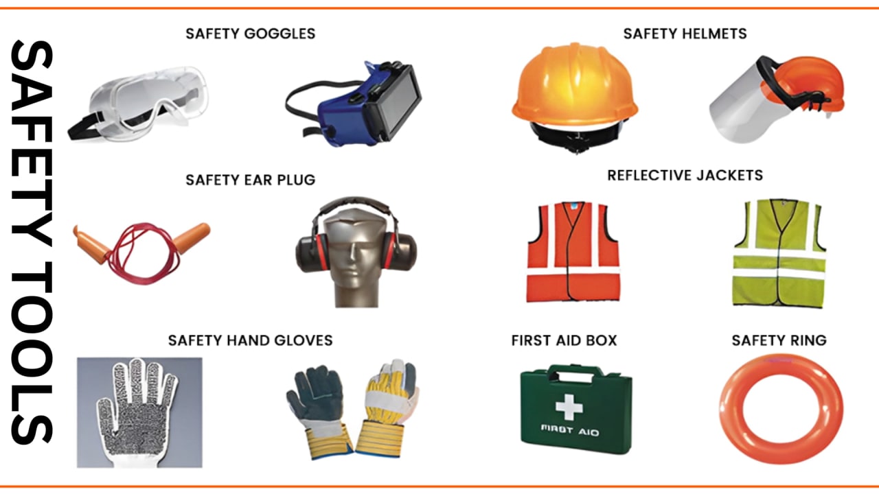 Safety tools and PPE for mechanical workshop — goggles, gloves, helmet, safety shoes, and apron