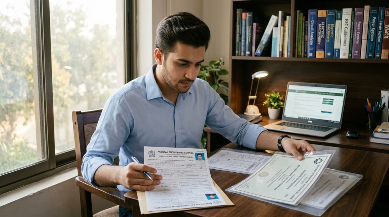 Engineering graduate preparing documents for PEC registration in Pakistan