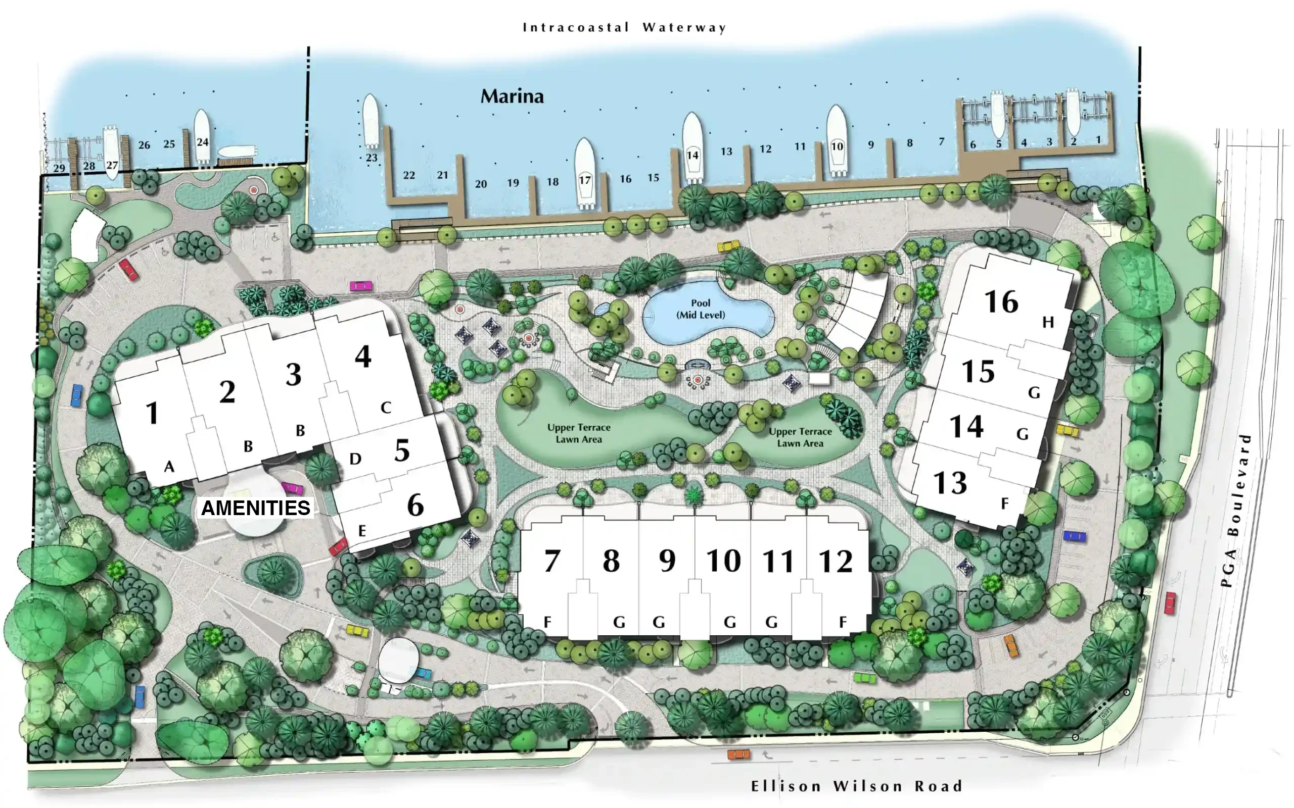 The Ritz-Carlton Residences, Palm Beach Gardens facility map and marina layout