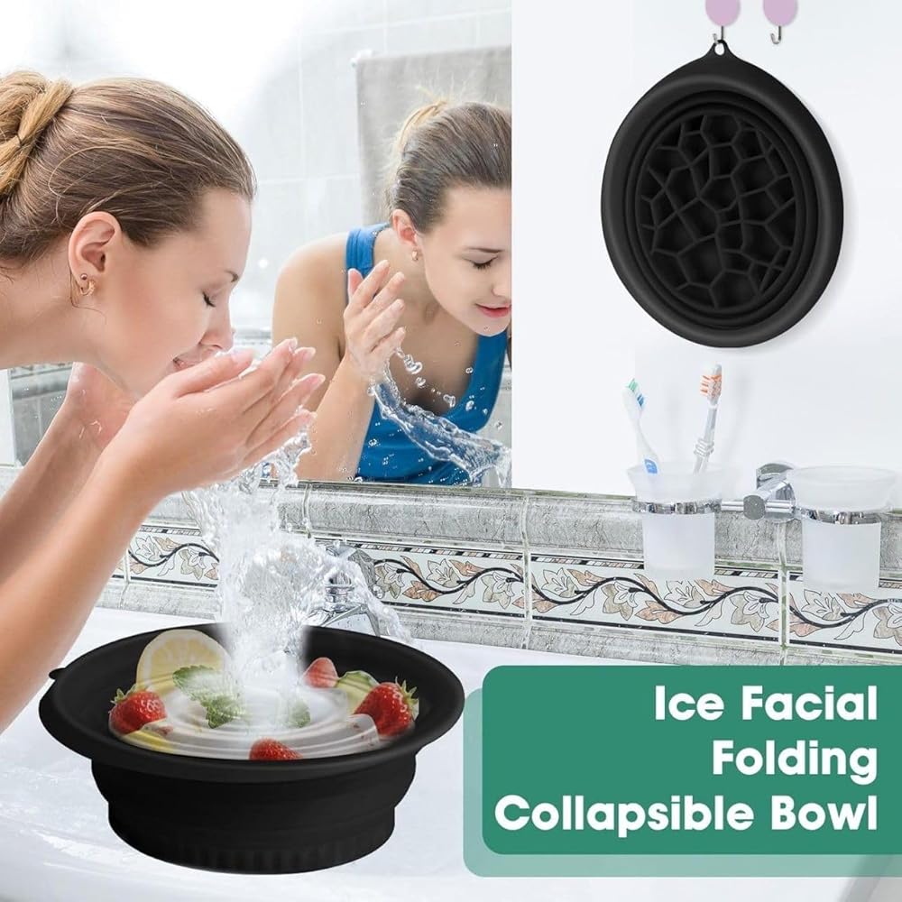 Collapsible Ice Facial Bowl Silicone Foldable Ice Tray Bowl with Lid and Hanging Hole Black