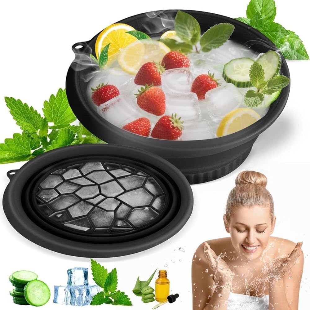 Collapsible Ice Facial Bowl Silicone Foldable Ice Tray Bowl with Lid and Hanging Hole Black image 2