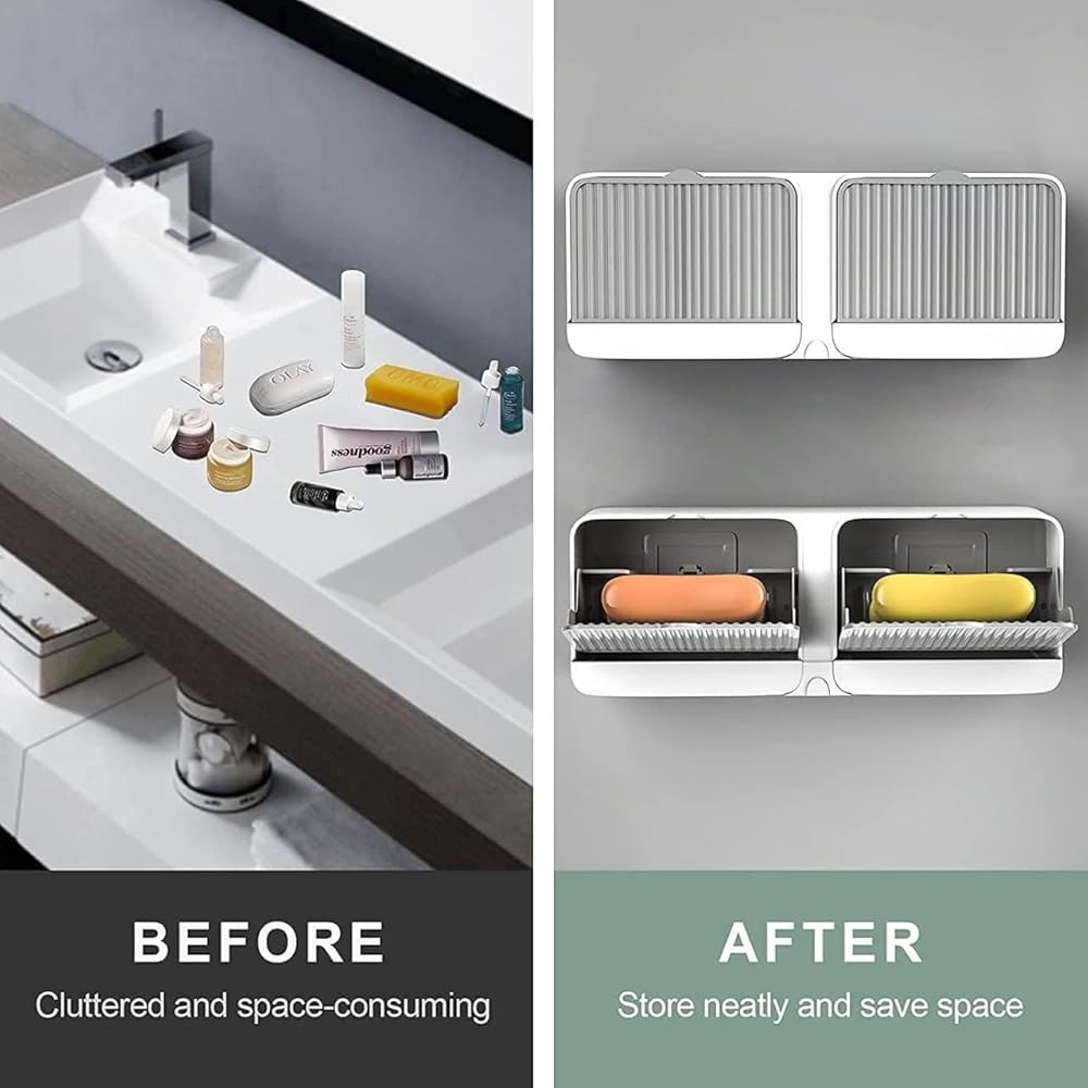 Wall Mounted Soap Holder with Lid and Drain Tray, Double Compartment Soap Box with Adhesive Sticker Installation, Bathroom Soap Storage Case with Hanging Hook image 2