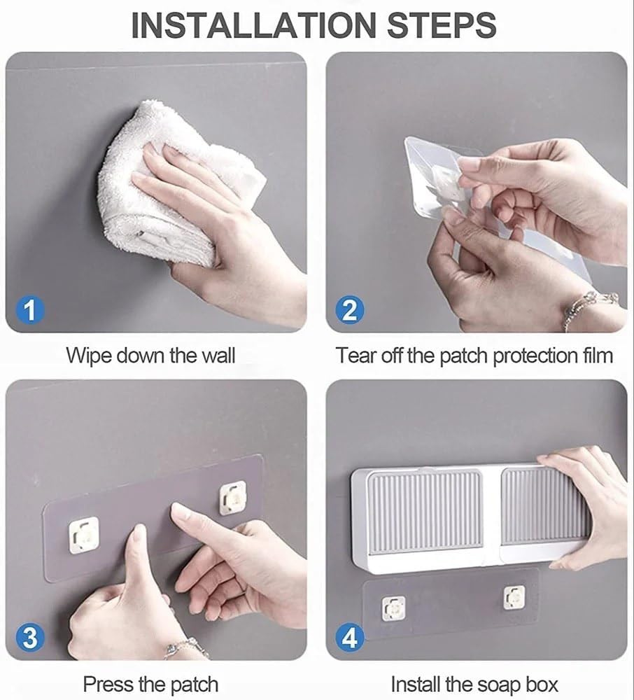 Wall Mounted Soap Holder with Lid and Drain Tray, Double Compartment Soap Box with Adhesive Sticker Installation, Bathroom Soap Storage Case with Hanging Hook image 3