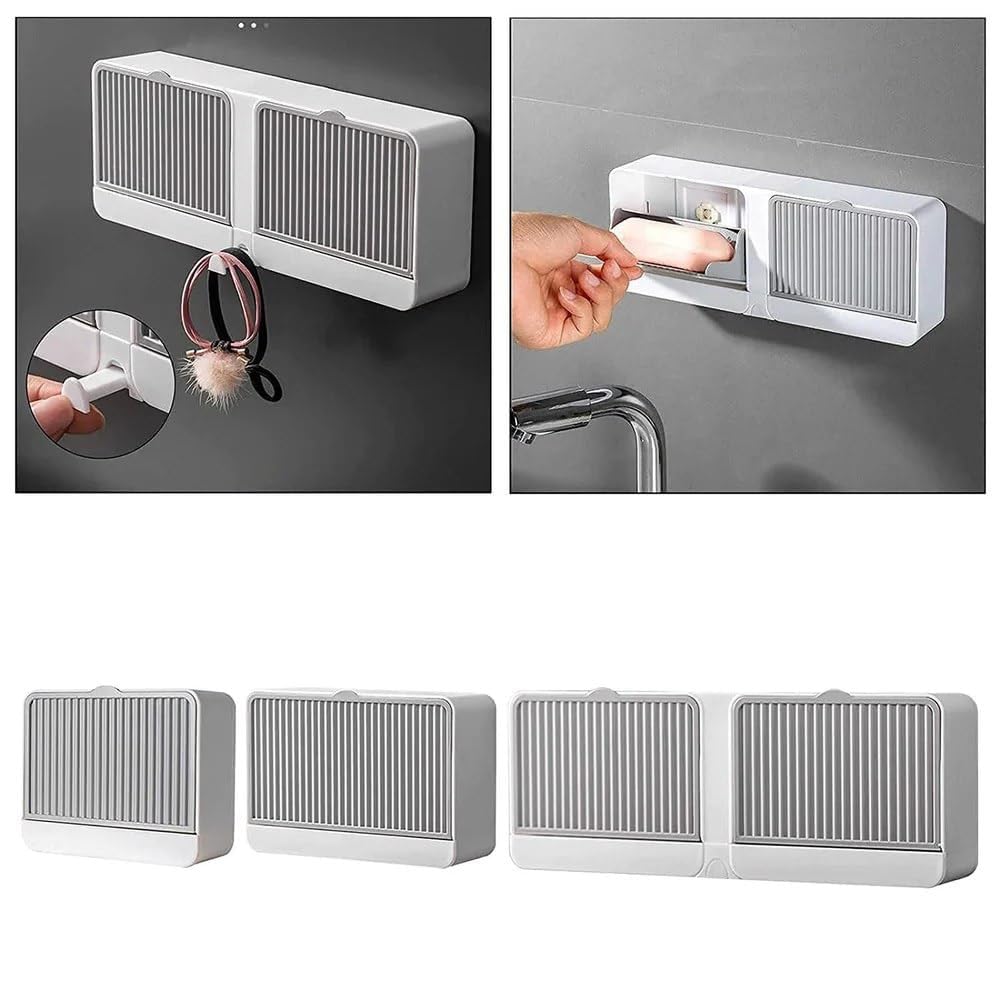 Wall Mounted Soap Holder with Lid and Drain Tray, Double Compartment Soap Box with Adhesive Sticker Installation, Bathroom Soap Storage Case with Hanging Hook image 5