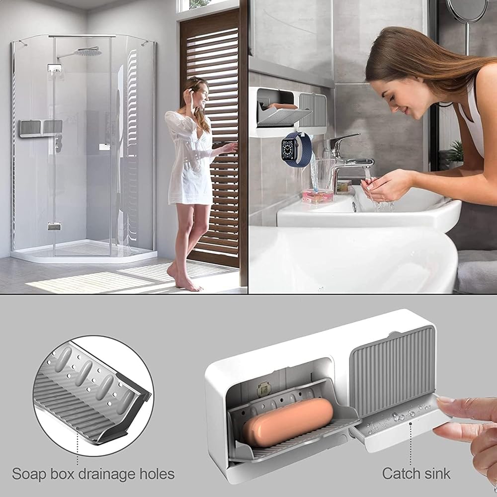 Wall Mounted Soap Holder with Lid and Drain Tray, Double Compartment Soap Box with Adhesive Sticker Installation, Bathroom Soap Storage Case with Hanging Hook image 6