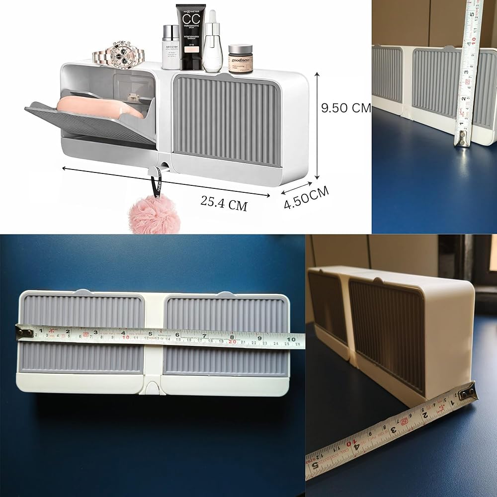 Wall Mounted Soap Holder with Lid and Drain Tray, Double Compartment Soap Box with Adhesive Sticker Installation, Bathroom Soap Storage Case with Hanging Hook image 7