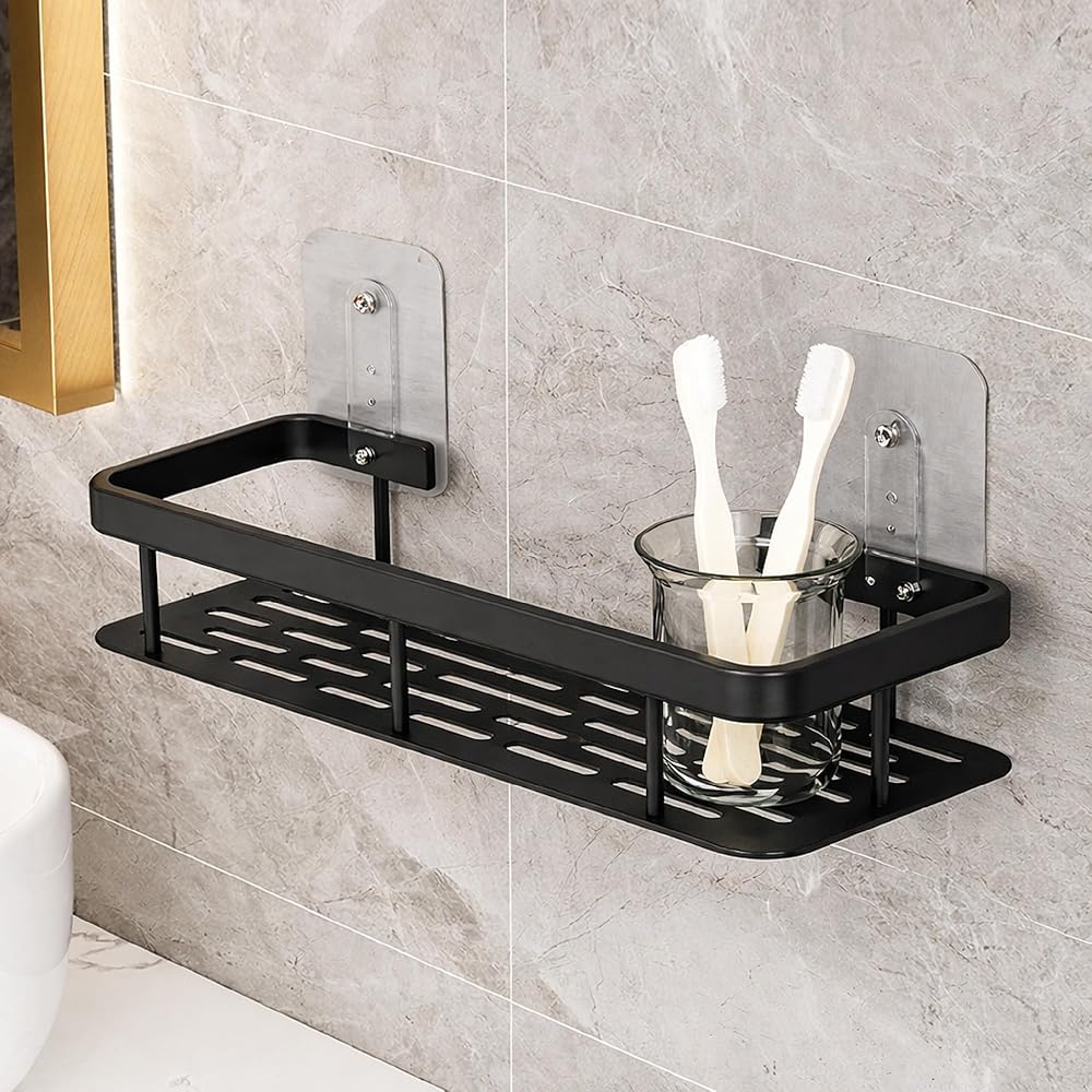 Wall Mounted Bathroom Storage Shelf Aluminium Wall Rack with Drainage Slots for Toiletries Bottles and Bathroom Accessories (Pack of 1)