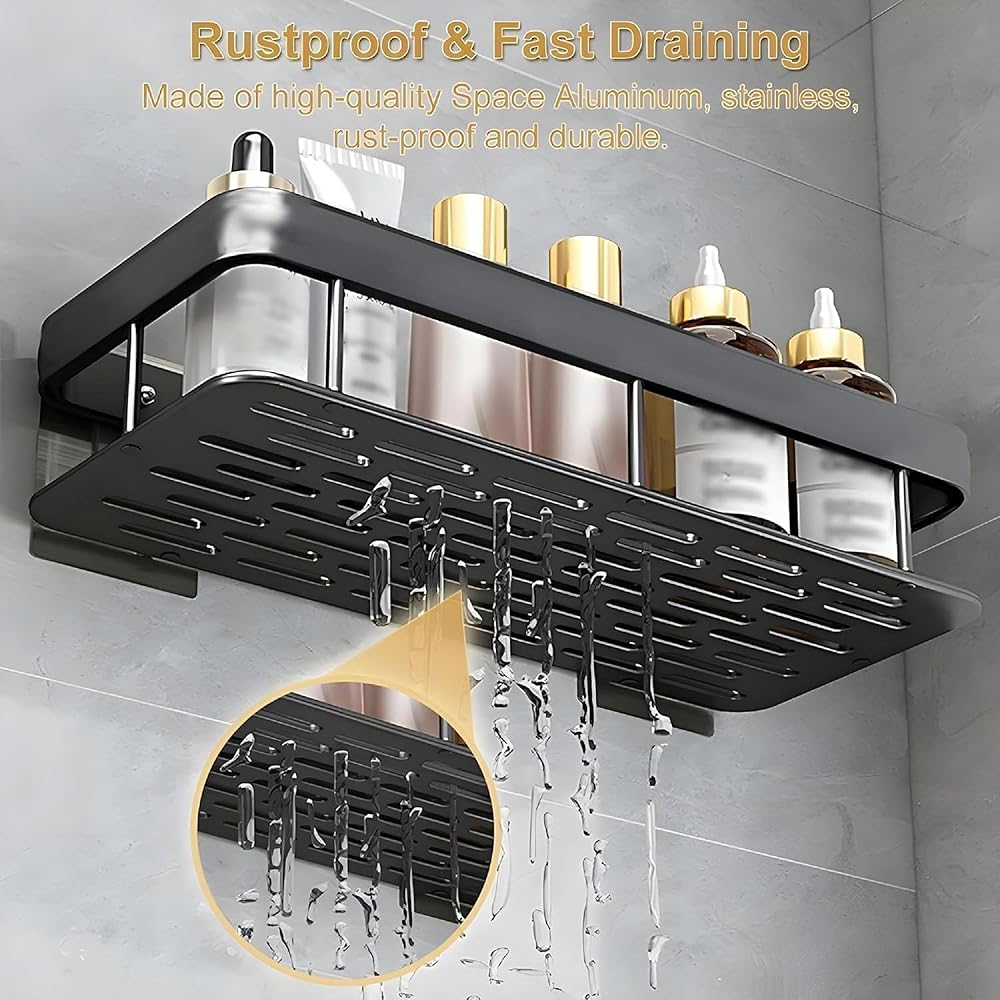 Wall Mounted Bathroom Storage Shelf Aluminium Wall Rack with Drainage Slots for Toiletries Bottles and Bathroom Accessories (Pack of 1) image 6