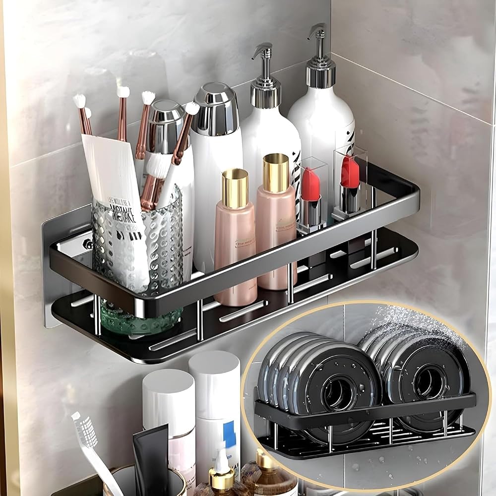 Wall Mounted Bathroom Storage Shelf Aluminium Wall Rack with Drainage Slots for Toiletries Bottles and Bathroom Accessories (Pack of 1) image 8