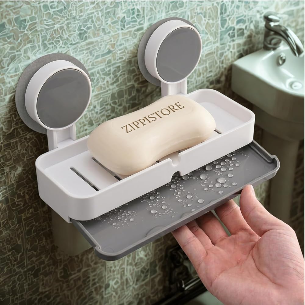 Wall Mounted Soap Holder | No Drill Self Adhesive Soap Dish | Strong Suction Bathroom Organizer | Kitchen Sponge Holder with Drain Tray | Plastic Soap Case (White & Grey) image 2