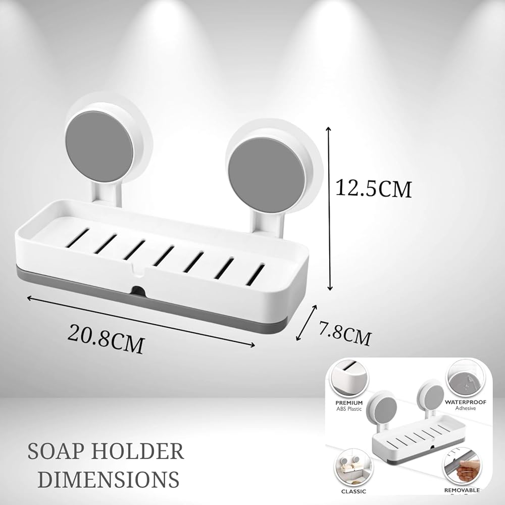 Wall Mounted Soap Holder | No Drill Self Adhesive Soap Dish | Strong Suction Bathroom Organizer | Kitchen Sponge Holder with Drain Tray | Plastic Soap Case (White & Grey) image 3