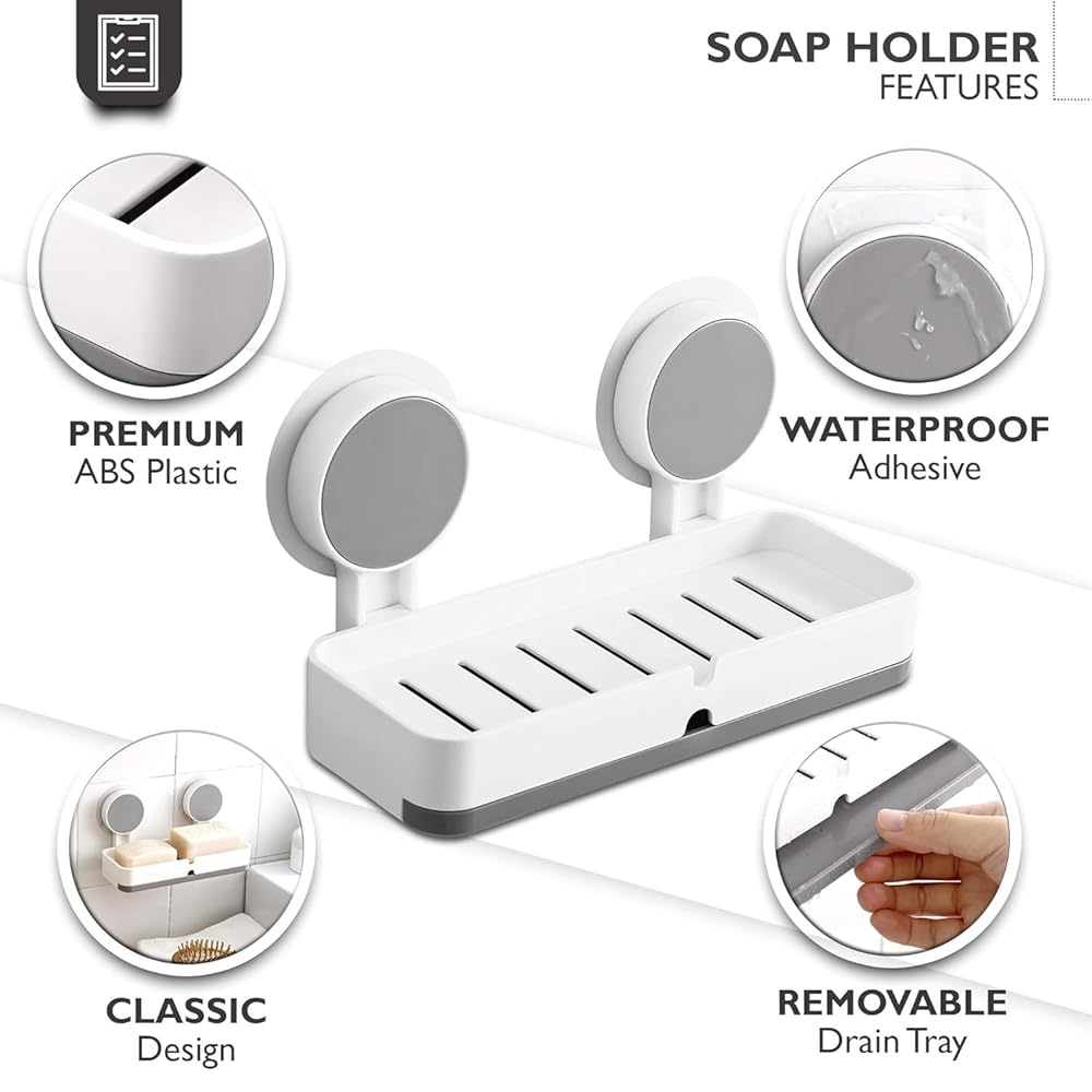Wall Mounted Soap Holder | No Drill Self Adhesive Soap Dish | Strong Suction Bathroom Organizer | Kitchen Sponge Holder with Drain Tray | Plastic Soap Case (White & Grey) image 5