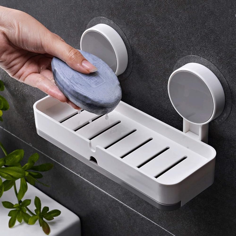 Wall Mounted Soap Holder | No Drill Self Adhesive Soap Dish | Strong Suction Bathroom Organizer | Kitchen Sponge Holder with Drain Tray | Plastic Soap Case (White & Grey) image 8
