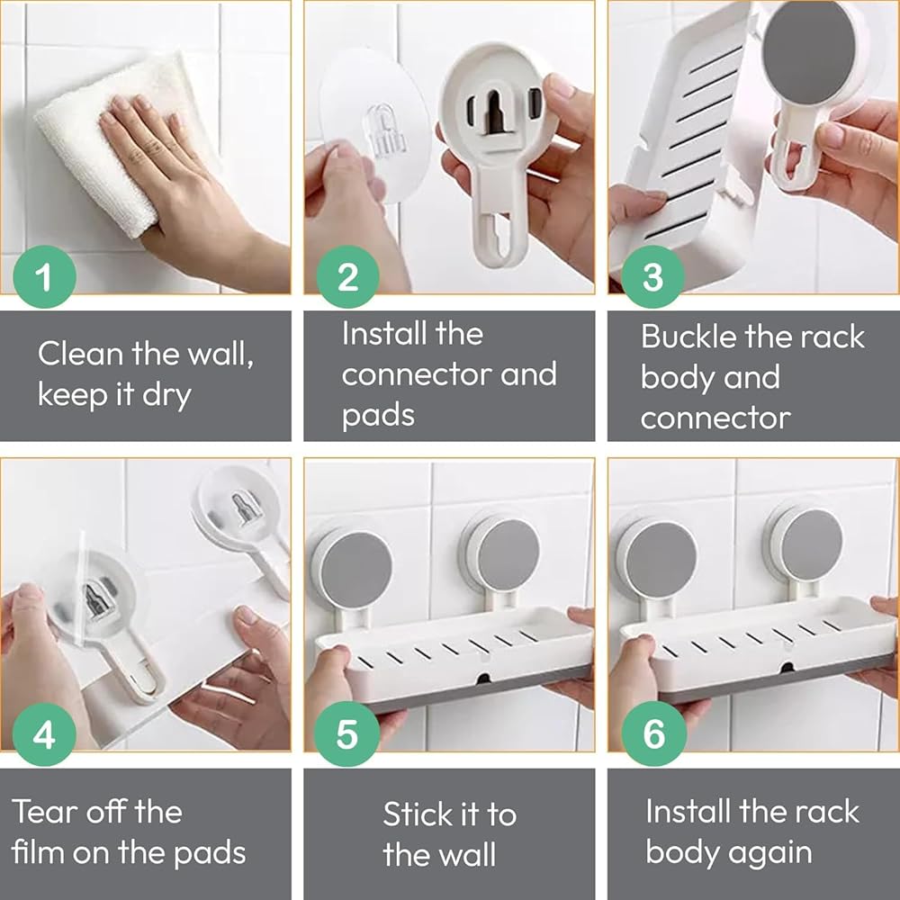 Wall Mounted Soap Holder | No Drill Self Adhesive Soap Dish | Strong Suction Bathroom Organizer | Kitchen Sponge Holder with Drain Tray | Plastic Soap Case (White & Grey) image 6