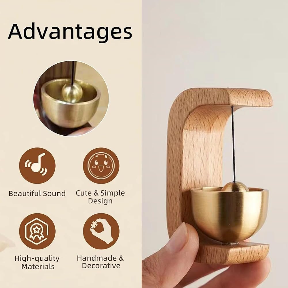Wooden Hanging Door Bell with Brass Bowl and String Striker, Wall Mounted Entryway Chime for Home Door Shop Entrance Pet Door Refrigerator Area Decor image 3