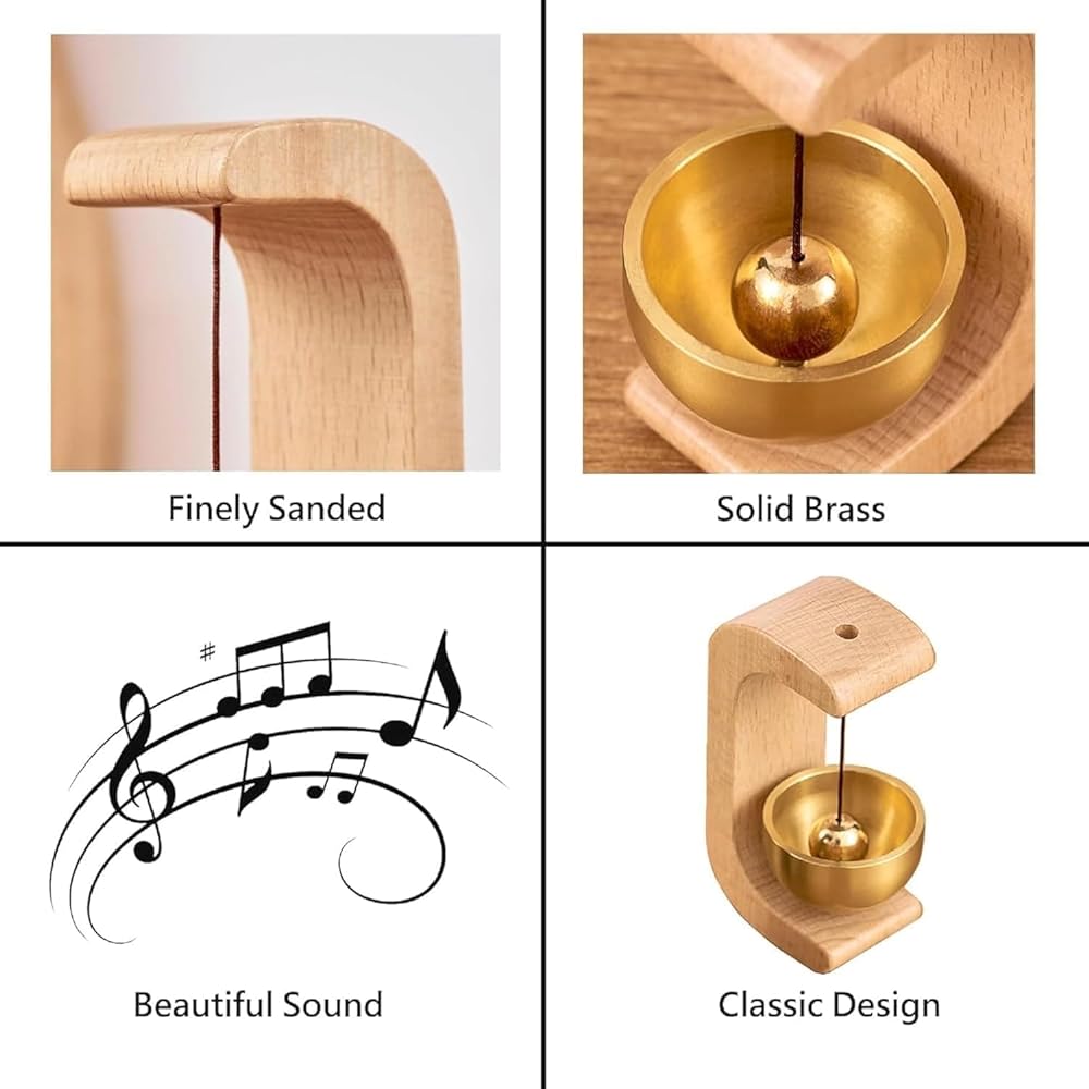 Wooden Hanging Door Bell with Brass Bowl and String Striker, Wall Mounted Entryway Chime for Home Door Shop Entrance Pet Door Refrigerator Area Decor image 4