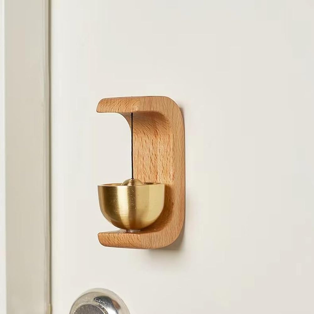 Wooden Hanging Door Bell with Brass Bowl and String Striker, Wall Mounted Entryway Chime for Home Door Shop Entrance Pet Door Refrigerator Area Decor image 8