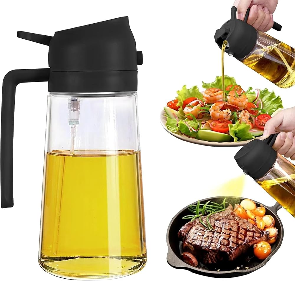 500ml Oil Dispenser Bottle with Spray and Pour Function, Transparent Container with Handle and Press Button Lid for Cooking Oil Vinegar Soy Sauce