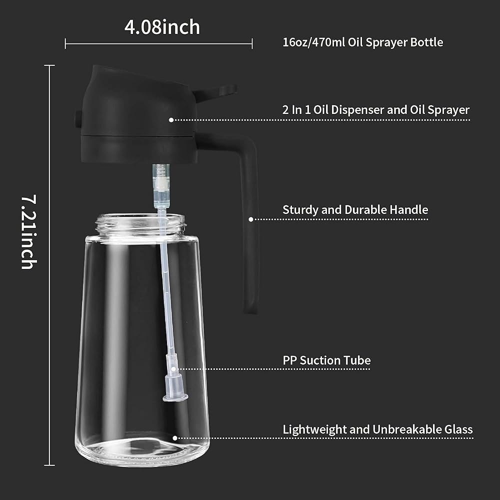 500ml Oil Dispenser Bottle with Spray and Pour Function, Transparent Container with Handle and Press Button Lid for Cooking Oil Vinegar Soy Sauce image 3