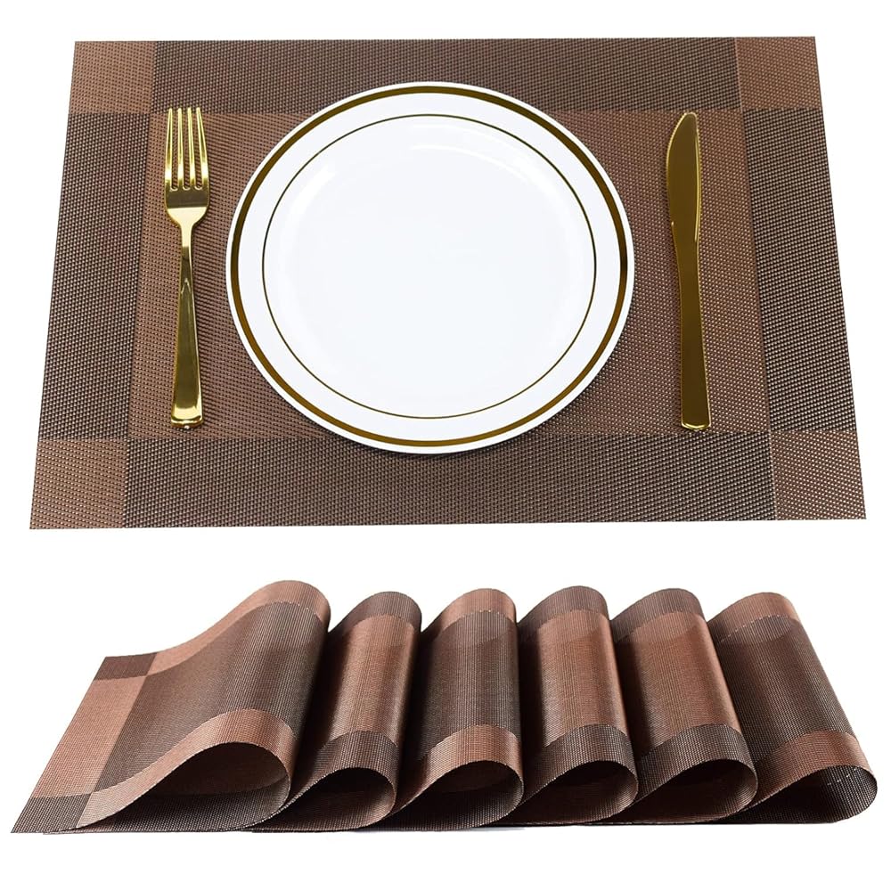 PVC Dining Table Placemats Set | Heat Resistant Non Slip Table Mats for Dining Table | Washable Kitchen Table Mat for Plates and Cutlery(Brown, Pack of 6)