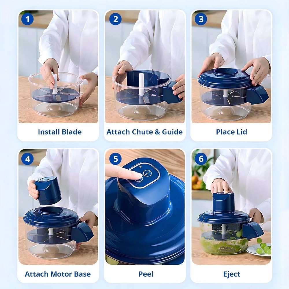 Fruit Peeling Machine with Motor Base and Lid, Multi-Blade Clamshell Design, Transparent Bowl with Chute, Suitable for Small Fruits and Tomatoes, Blue image 3