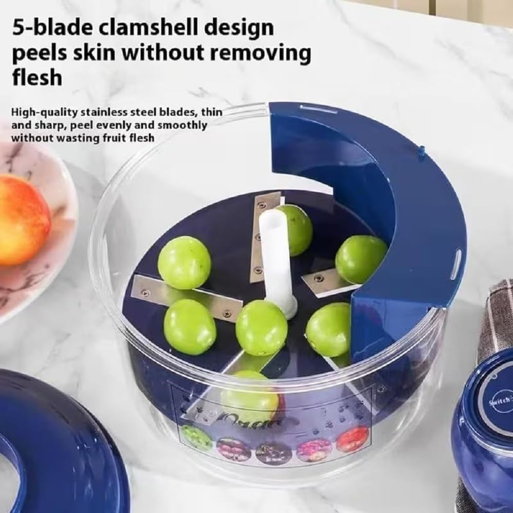 Fruit Peeling Machine with Motor Base and Lid, Multi-Blade Clamshell Design, Transparent Bowl with Chute, Suitable for Small Fruits and Tomatoes, Blue image 6