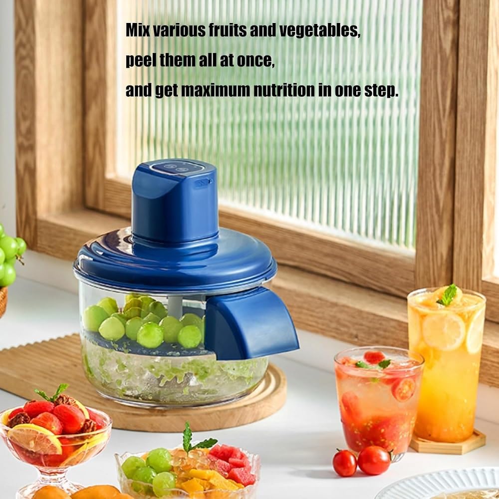 Fruit Peeling Machine with Motor Base and Lid, Multi-Blade Clamshell Design, Transparent Bowl with Chute, Suitable for Small Fruits and Tomatoes, Blue image 8