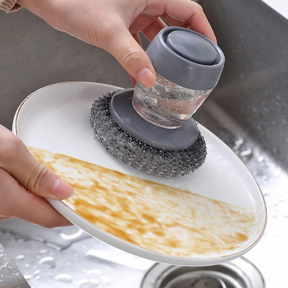 Dishwashing Soap Dispenser Scrubber with Steel Wire Sponge and Refillable Liquid Container for Kitchen Sink Utensil Cleaning image 2
