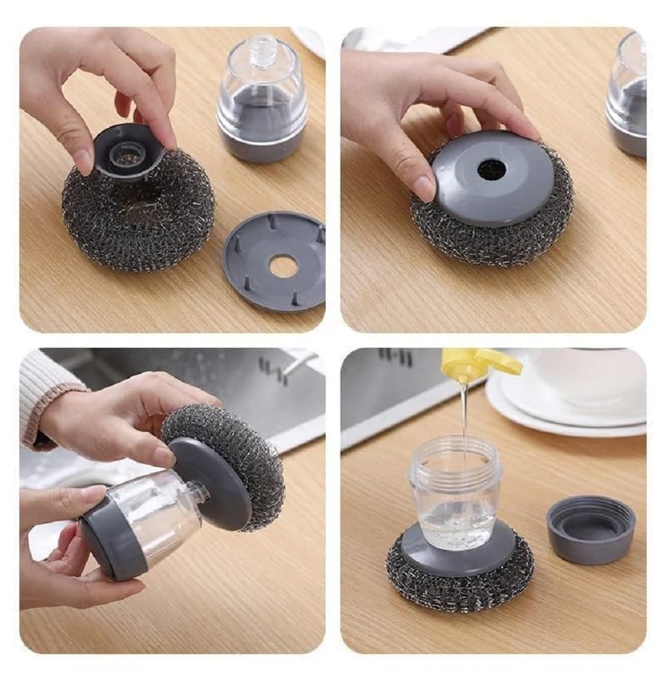Dishwashing Soap Dispenser Scrubber with Steel Wire Sponge and Refillable Liquid Container for Kitchen Sink Utensil Cleaning image 5