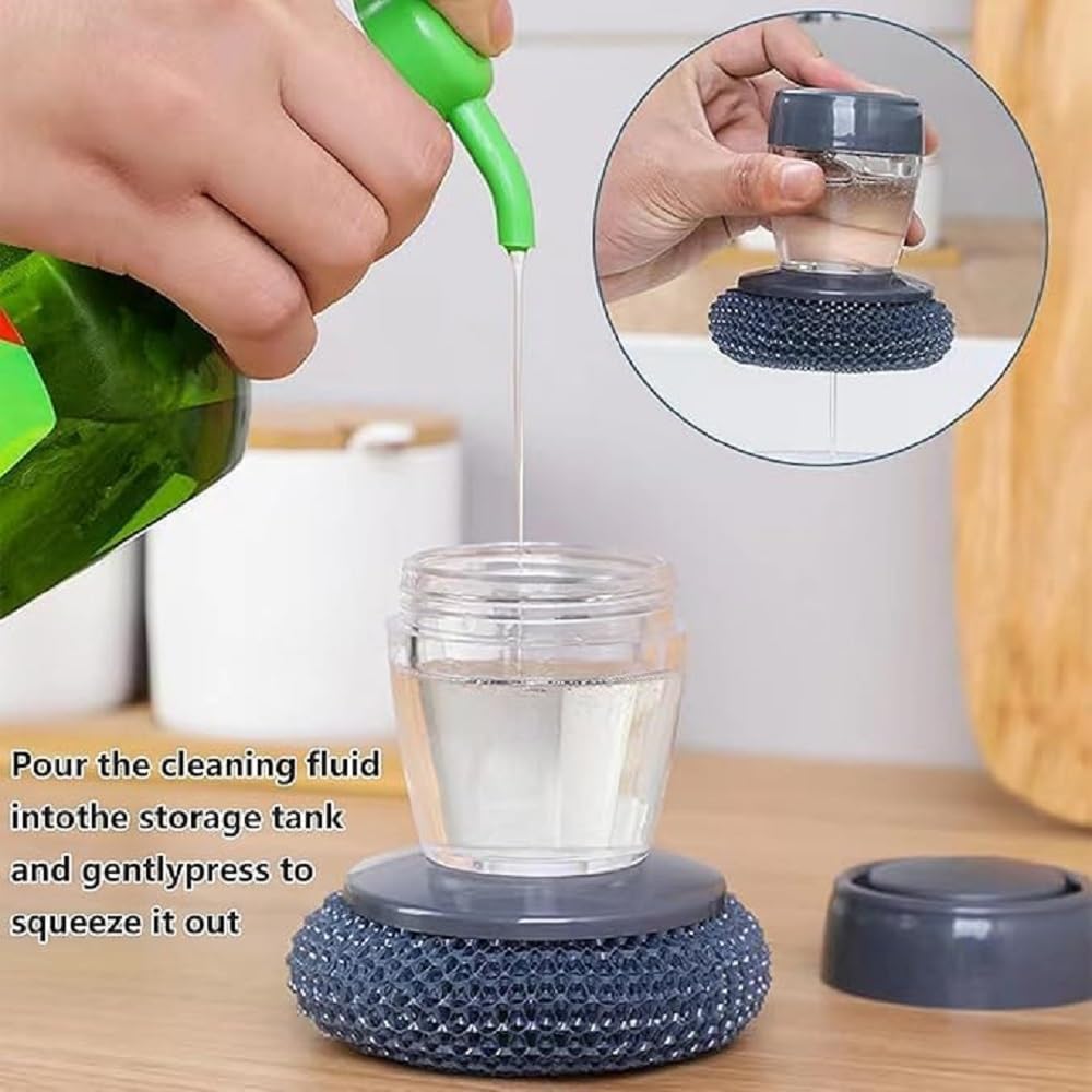 Dishwashing Soap Dispenser Scrubber with Steel Wire Sponge and Refillable Liquid Container for Kitchen Sink Utensil Cleaning image 6