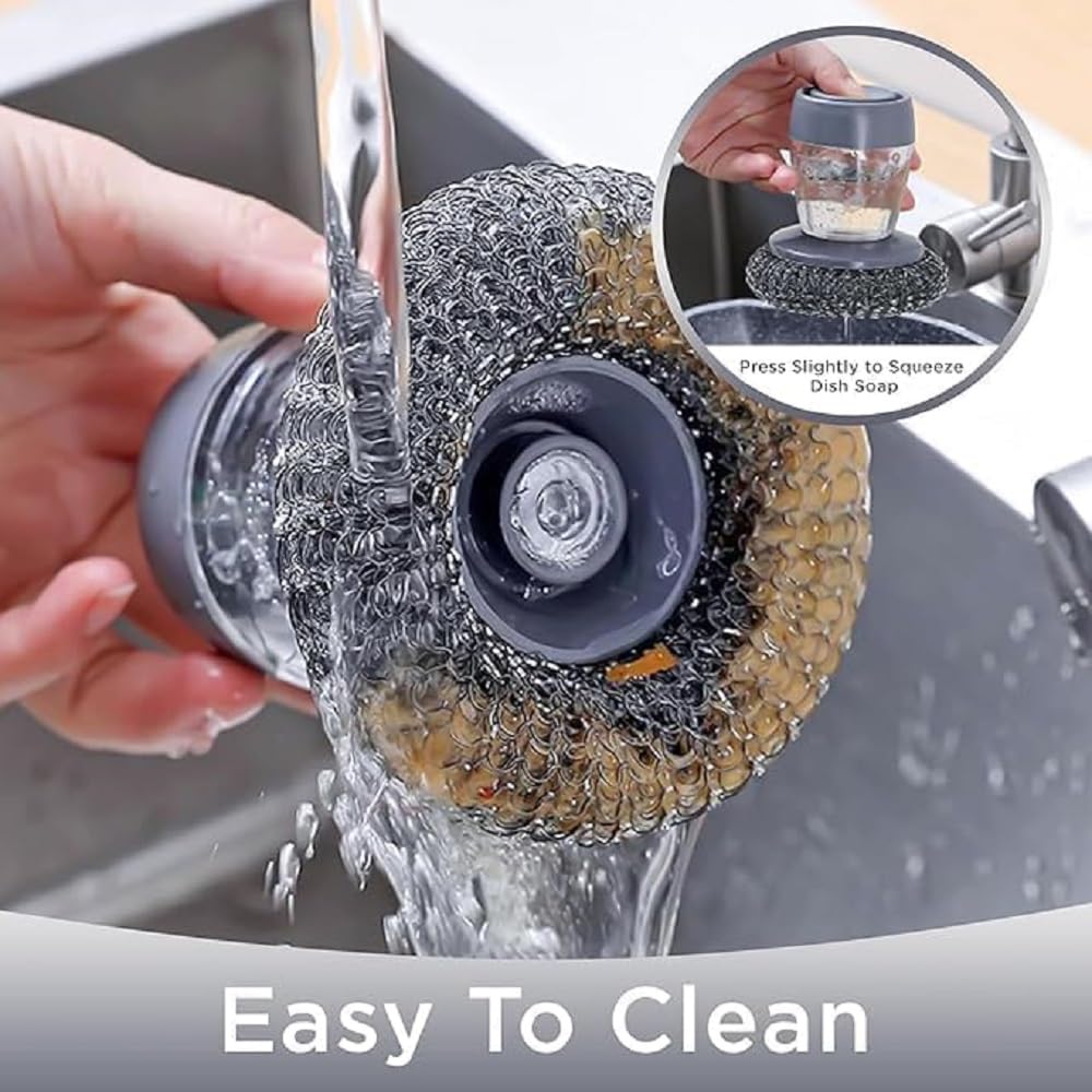 Dishwashing Soap Dispenser Scrubber with Steel Wire Sponge and Refillable Liquid Container for Kitchen Sink Utensil Cleaning image 7