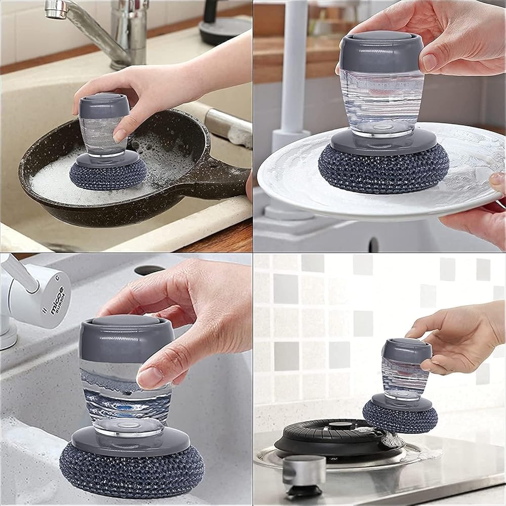 Dishwashing Soap Dispenser Scrubber with Steel Wire Sponge and Refillable Liquid Container for Kitchen Sink Utensil Cleaning image 8